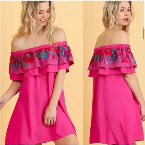 Umgee Off Shoulder Embroidered Swing Dress - Picture 1 of 6